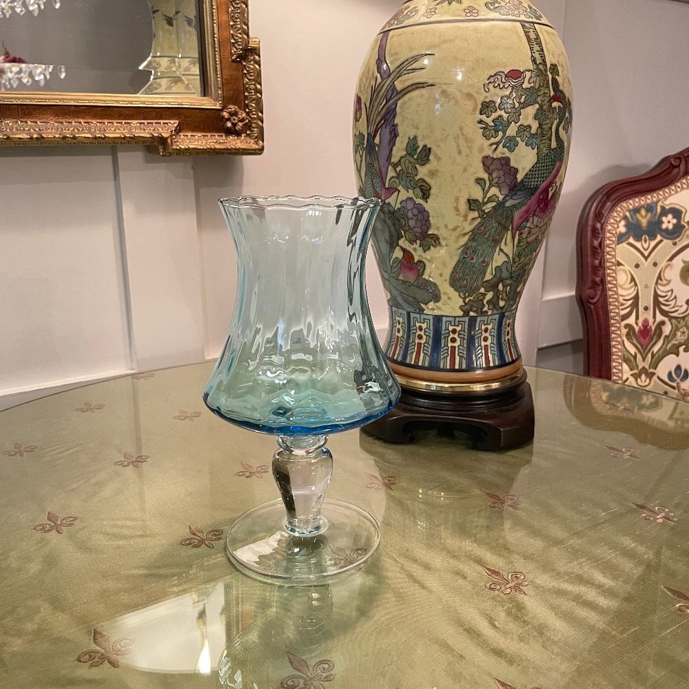 Mark Roberts Glass Pedestal Vase/Candle Holder Blue 7.75 x 5